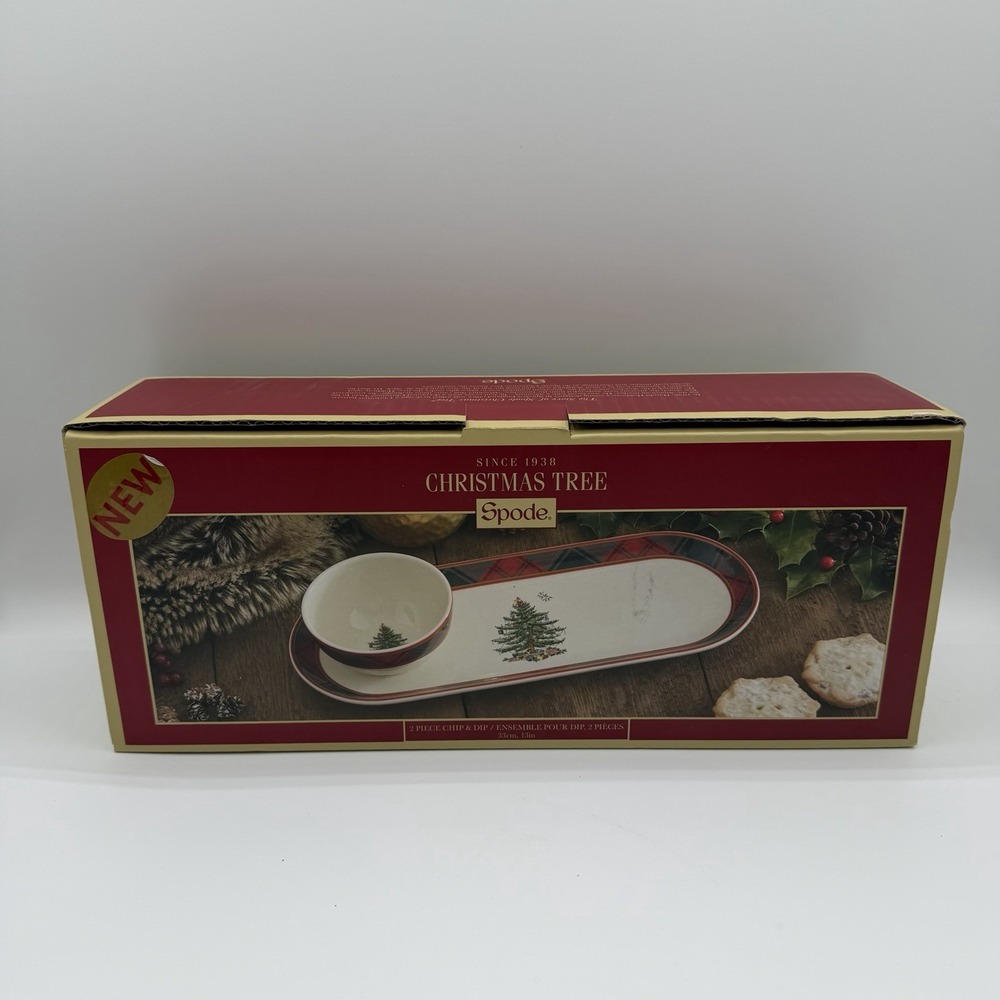 Spode Christmas Tree Plaid Tartan 2 Piece Chip And Dip Set 13"‎ Long